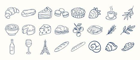 A series of food items are drawn in a stylized way, including a slice of cake, a sandwich, and a bowl of soup. Scene is lighthearted and playful vector