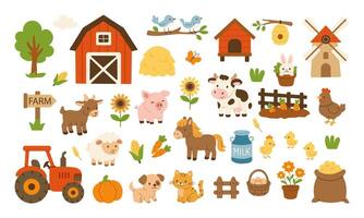 A farm scene with a variety of animals and farm equipment. Scene is cheerful and playful, with the animals and farm equipment depicted in a whimsical and colorful way vector