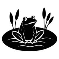 Black and white illustration of a smiling frog sitting on a lily pad with cattails vector