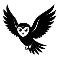 Black and white graphic illustration of a majestic owl in flight with outstretched wings for designs vector