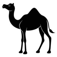 A simple black and white silhouette of a standing camel with a curved neck and hump vector
