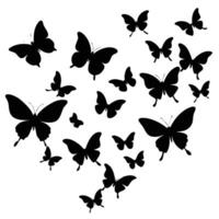 Black butterfly silhouettes of different sizes creating a decorative and elegant design on a white background. vector
