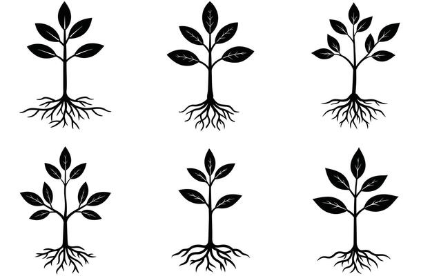 Silhouetted collection of six trees with roots and leaves perfect for nature themed designs