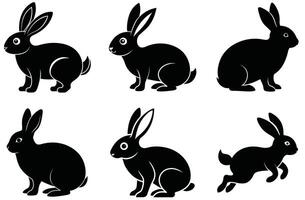 Silhouette illustration of six different poses of rabbits against a clean white background for design vector