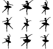 Silhouette of a ballet dancer in various poses demonstrating graceful movements on white background vector