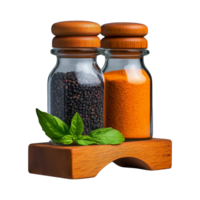 Rustic wooden spice rack with glass containers png