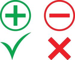 Set of plus minus, check mark, x mark. a set of four icon green and red cross and check symbols. Yes and No icon set. illustration vector