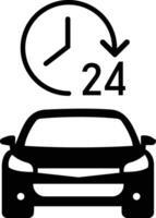 Car and 24 hour clock icon. 24 hour road assistance, car rent and constant mobility. car with clock and 24 hours on it. vector