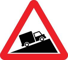 Steep uphill slope moving car warning sign on mountain road. warring sign. Red triangle background. red triangle sign with a truck on it vector
