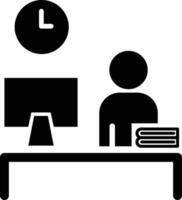 Office desk icon. office workplace with desktop computer icon. black and white icon of a person sitting at a desk with a clock and a computer vector