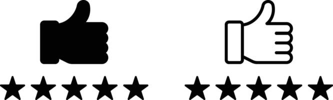 Customer product rating with five stars icon set, five star rating icons with thumbs up. design in trendy style. black and white design of Customer product rating with five stars vector