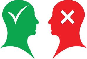 Tick and Cross Human Heads icon set. isolated flat editable icon of right and wrong mind concept. two heads with crossed ticks on them vector