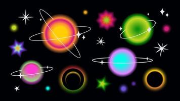Glowing blurred planets. Mesh gradient planets, luminaries, space objects with drawn orbit and stars. elements with aura vector