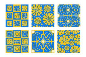 Hand Drawn Groovy Patterns. Seamless Retro Wavy Sun and Floral vector