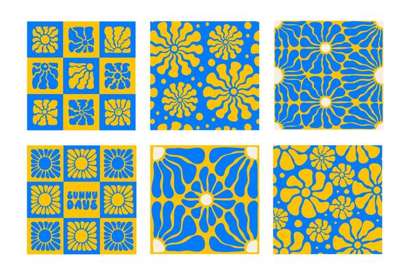 Hand Drawn Groovy Patterns. Seamless Retro Wavy Sun and Floral