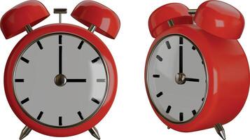 isolated 3d alarm clock front and side view. red alarm clock realisitc illustration vector