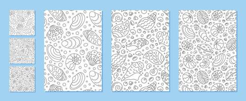 Seamless outline marine pattern set with aquatic seashells. Doodle design featuring underwater shell and ocean forms. Intricate aquatic shapes drawn in abstract style, inspired by the marine world. vector