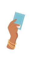 Hand holding ticket sticker. A person gives an item in a gesture of exchange. This flat symbol serves as a concept for vouchers and tickets, suitable for various graphic applications. vector