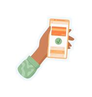 Hand holding smartphone sticker. User interacts with payment app on the screen. Character utilizing mobile technology in a flat style. Ideal for online shopping, business service, and social media vector