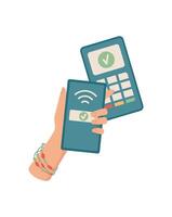 Hand holding a phone for nfc payment. A gesture of cash transaction with a digital device. Context of economy and finance, flat style, ideal for business and banking applications. vector