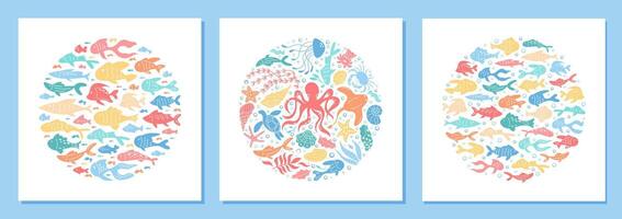 Circular underwater concept with colorful fish in cartoon graphic style. Round aquatic creatures and marine life pattern in seamless vibrant background. Ocean shoal theme with aquatic design, vector