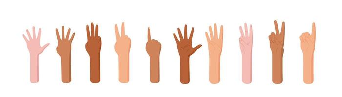 Cartoon hand count gestures in a flat style set. Various finger and palm positions ideal for counting numbers. Includes diverse bare arm and kid gestures. Great for educational use preschool child vector