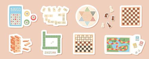 Flat style sticker set of board games. Includes chess, bingo, domino, dice, and puzzle pieces. Fun and playful boardgame collection for family entertainment or childhood table play. vector
