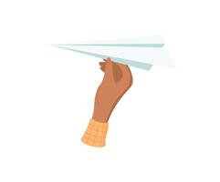 Hand holding airplane sticker. Gesture of a human character. Concept of creativity, flat design, potential usage in various graphic applications. vector