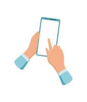 Smartphone in hand with a blank screen. User touches the mobile phone template for app interaction. Simple design offers a clean layout for various digital applications and communication needs. vector