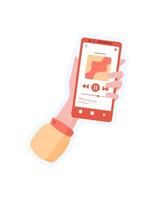 Sticker of hand holding phone. Graphic representation of smartphone in palm. Digital application on screen, mobile media access, potential for social interaction and online engagement. vector