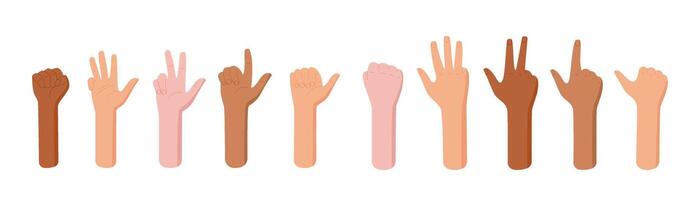 Cartoon hand count gesture set flat. Collection of diverse fingers, palms, and signals for counting and number displays. Gesture illustration isolated on white. Ideal for educational uses character vector