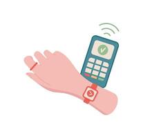 Hand holding smartwatch for payment. Gesture of cash transfer. Digital device icon, flat graphic style, suitable for business or finance concepts. Ideal for illustrating payment methods or economic vector
