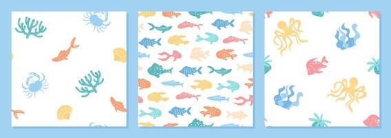 Underwater seamless pattern set in flat cartoon graphic style. Marine visuals showcasing aquatic life, colorful fish, and the vast ocean world. Ideal for sea and summer themed projects, textiles, or vector