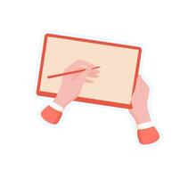 Hand holding a tablet. Gesture of a person with palm on the screen. Simple digital art, template for applications and graphics. vector