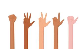 Flat hand count gestures illustrate numbers set. Fingers count in an expressive silhouette, featuring various human gestures with palms and bare arms. Ideal for educational purposes in school vector