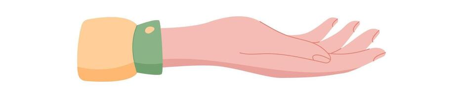 Hand gesture icon. Human character with palm raised. Symbol of peace and donation, flat style, potential usage in charity and humanitarian contexts. vector