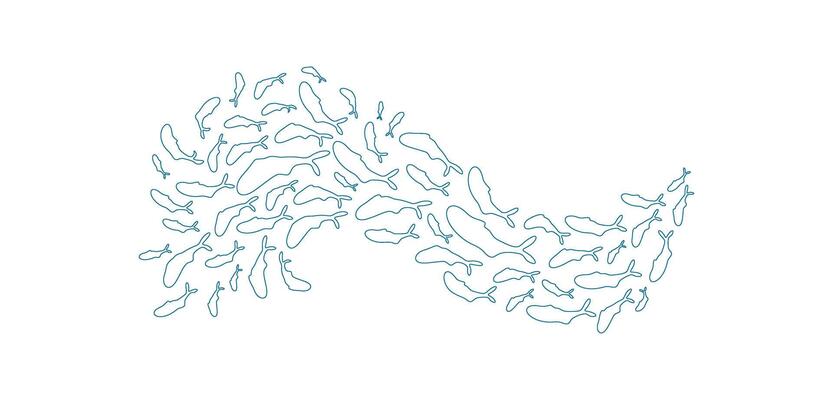 Undersea fish school silhouette. Group of aquatic creatures swim in the ocean. Pattern of marine life, doodle style, perfect for summer themes or underwater illustrations.