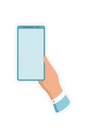 Hand holds smartphone sticker with blank screen. Character displays mobile device in palm. Digital application template, cool graphic style, perfect for user engagement and online media. vector