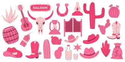 Collection of pink Wild West-themed icons featuring cowboy hats, boots, cacti, skulls, and saloon elements. Cartoon-style illustrations for design projects. Isolated graphic elements vector