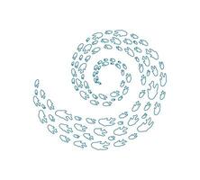 Swirling fish school silhouette. Many aquatic creatures swim in a round pattern. Cartoon design, outline style, perfect for summer projects and marine life representations. vector