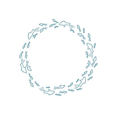Fish school silhouette pattern. Many aquatic creatures swim in a circular design. Ocean life, marine theme, chalk style, perfect for summer decoration or educational purposes.