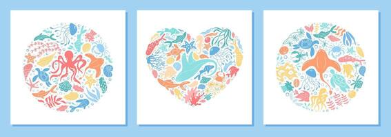 Underwater concept with round marine shapes in cartoon graphic style. Aquatic plants, starfish, jellyfish, and reef elements form heart and circle patterns. Ocean background for graphic creative vector