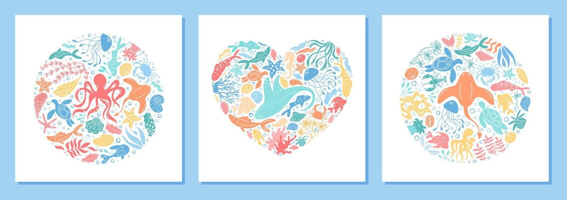 Underwater concept with round marine shapes in cartoon graphic style. Aquatic plants, starfish, jellyfish, and reef elements form heart and circle patterns. Ocean background for graphic creative