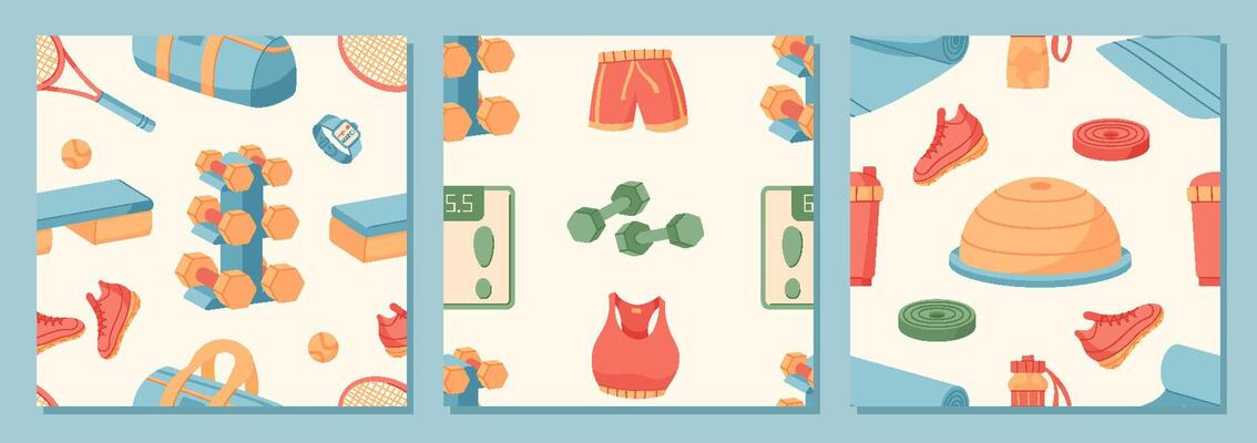Flat seamless pattern with sport and gym equipment set. Fitness and workout items in set style. Athlete healthy training background for exercise, lifestyle, decoration purposes.