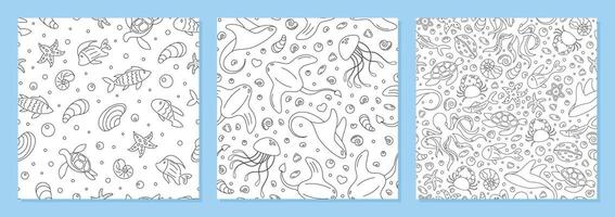 Underwater seamless cartoon pattern set with outline marine creatures. Fish, jellyfish, turtles, and starfish swim across the ocean in a playful style. Perfect for aquatic backgrounds or marine vector