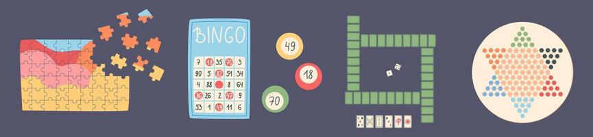 Playful cartoon board game set with mahjong, jigsaw puzzle, bingo, checkers, and dice. Chinese tile games and boardgame pieces for table activities. Graphic tabletop entertainment layout. vector