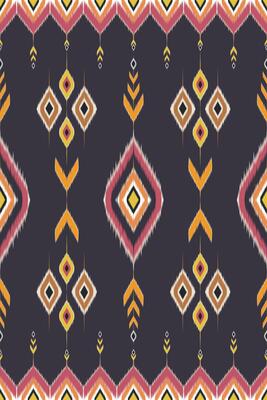 Vibrant geometric pattern with diamond shapes and abstract motifs in pink, orange, and white on dark background for Seamless pattern