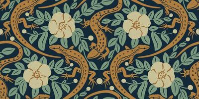 Lizard Animal and Botanical Medieval Seamless Pattern vector