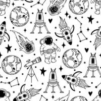 Outer space, seamless pattern. Astronaut, shuttle, flying rocket, comet. Planet earth, stars, constellations on the sky. Galaxy and universe. Astronomy, hand drawn ornament for fabric, print vector