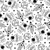 Space mission, seamless pattern. Astronaut in a helmet, flying rocket, planet Earth, stars in cosmos. Galaxy, universe. Futuristic ornament. Astronomy, hand drawn background for fabric, print vector
